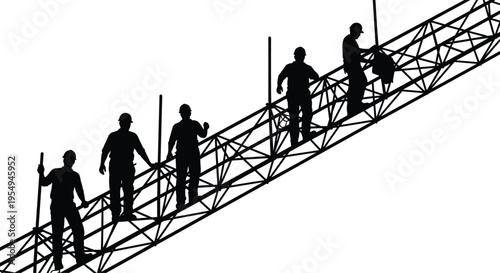 Construction workers on scaffolding vector illustration, silhouette teamwork scene, industrial labor concept, building structure assembly, engineering work at height, safety and workforce 