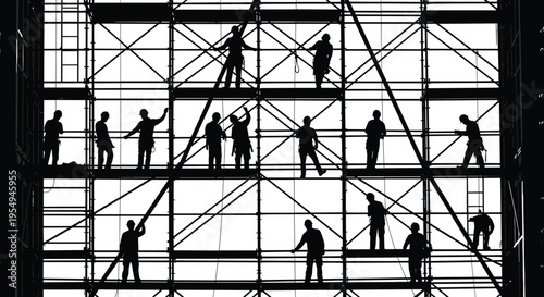 Construction workers silhouette on scaffolding vector illustration, industrial labor teamwork scene, building 