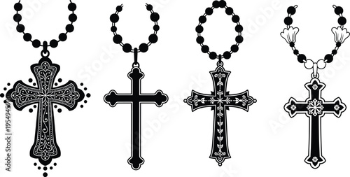 Cross necklace vector illustration set, religious jewelry collection, Christian crucifix pendants with beads, spiritual symbols, faith accessories, vintage 