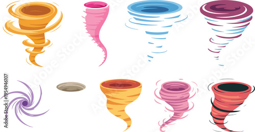 Colorful Tornado Vector Set with Twisted Wind Effects, Storm Swirls, Cartoon Vortex Spirals, Bright Magic Whirlwind Funnels Collection