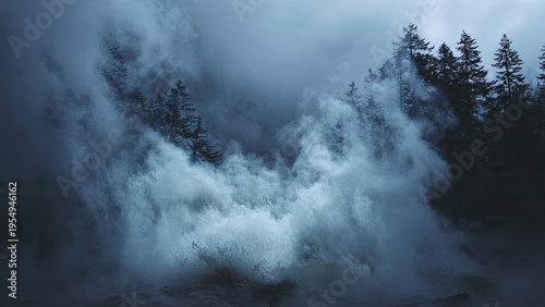 Dense white coffee steam rising dramatically through dark coniferous forest silhouettes in a moody atmospheric landscape