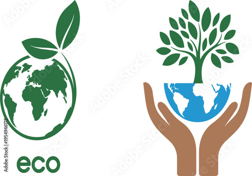 Eco friendly green earth globe with leaves, and human hands holding planet with growing tree vector