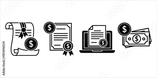 Financial documents and money icons