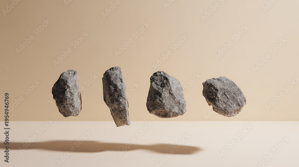 Naklejka premium Four rough gray natural stones hover in a row above a light beige surface with soft shadows against an earth-toned background, creating a sense of balance and weightlessness