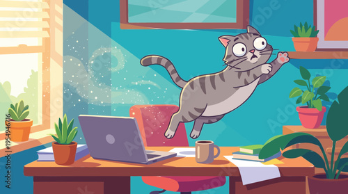 Unexpected Feline Antics A Startled Cat Leaps From a Home Office Desk, Capturing the Humorous Side of Remote Work Distractions