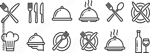 Restaurant and dining line icon set featuring cutlery, chef hat, food cloche, and wine bottle