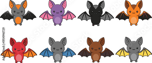 Cute cartoon collection of colorful bats in kawaii style with different colors including purple orange red and grey isolated on white background for Halloween