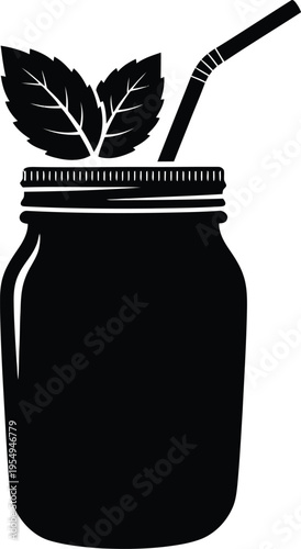 Black silhouette of a mason jar with leaves and straw