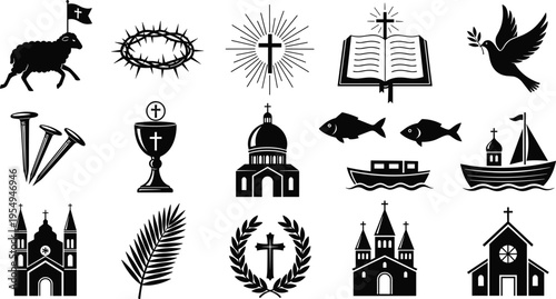 Large collection of Christian religious black icons featuring church buildings holy cross bible dove crown of thorns lamb of god and easter symbols
