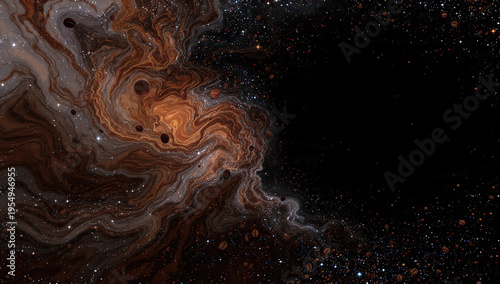 Vast cosmic nebula made of swirling dark espresso clouds with glowing star core and orbiting planets in deep space