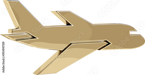 Shiny 3D gold airplane icon isolated on white background representing luxury travel business flight global logistics premium vacation and high end transportation services