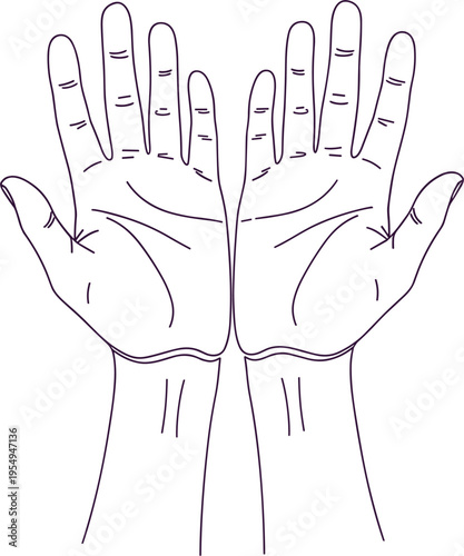 Simple black line art illustration of two open human hands held up together in a gesture of prayer healing giving or receiving palms
