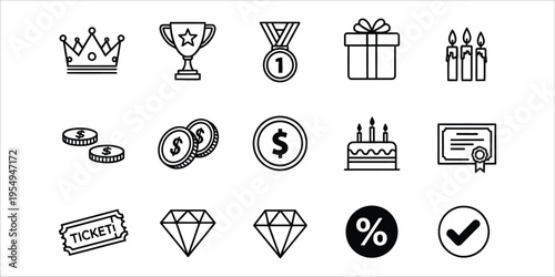 Collection of various icons representing rewards finance and celebration