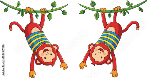 Two cute cartoon red monkeys wearing striped shirts hanging upside down from a green jungle vine branch isolated on white background for kids design