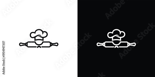 Chefs hat and rolling pin icon on white and black background.