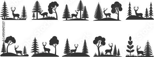Wild deer and forest silhouette collection, featuring buck antler icons and pine tree nature landscapes