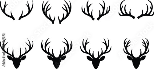 Deer antler silhouette set with trophy buck head icons for hunting labels, rustic logos and woodcraft