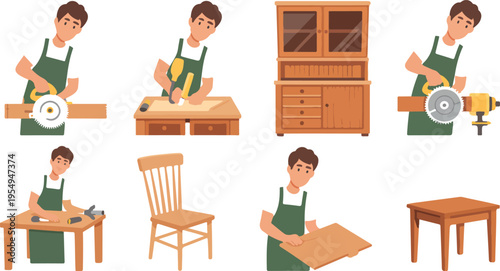 Cartoon Carpenters Vector Set with Timber, Woodworking Professionals Sawing, Planing, Measuring Planks, Furniture Manufacturing, Table and Cabinet Assembly