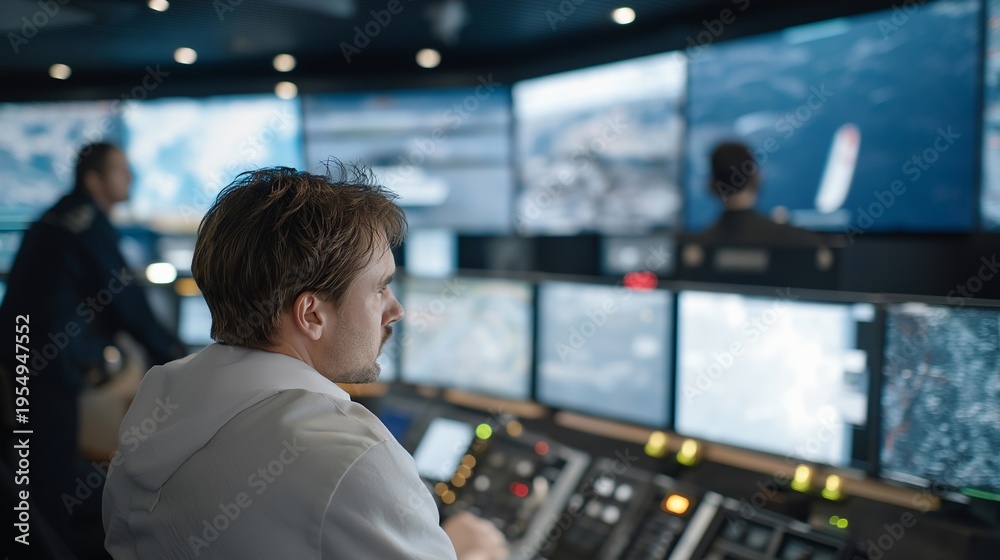Fototapeta premium Port authority control room with operators monitoring dozens of screens showing container ship positions, radar systems, and weather data during approaching spring storm system, ideal for maritime