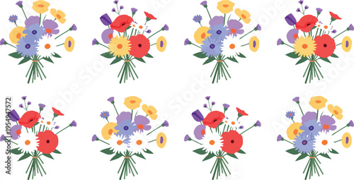 Beautiful Summer Flower Bouquets Vector Set with Meadow Wildflowers, Poppies, Dandelions, Bells, Herbs, and Colorful Field Flora Collection