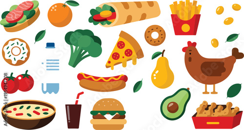 Junk and Healthy Food Vector Set with Fast Street Meals, Fried Potato, Pizza, Fish, Fresh Fruits, Vegetables, Cola Drink