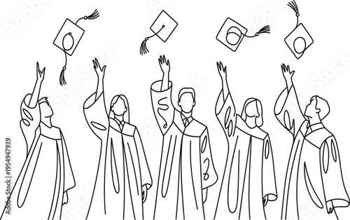 Students celebrating graduation throwing caps, minimalist continuous line art drawing of graduates in academic gowns