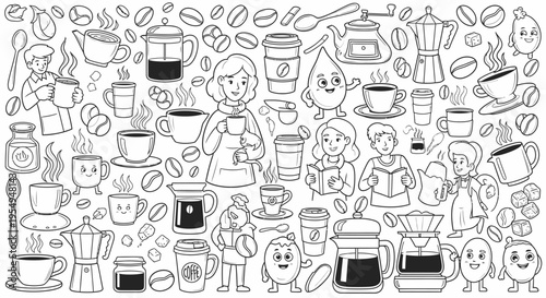 Detailed Doodle Art of People and Objects Enjoying Coffee on Isolated White Background