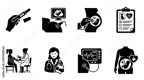 Pregnancy & Prenatal Care Vector Icons – Ultrasound, Checkup, Heartbeat & Maternal Health