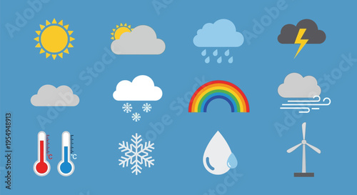 Weather Icons Collection - Sun, Clouds, Rain, Snow, Rainbow, Wind, Thermometers, Snowflake, Droplet, and Wind Turbine.