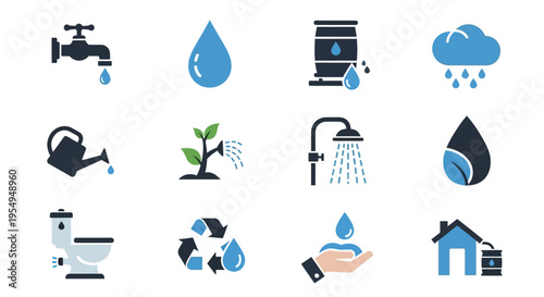 Water Conservation and Usage Icons Set Illustrating Various Aspects of Water Management.