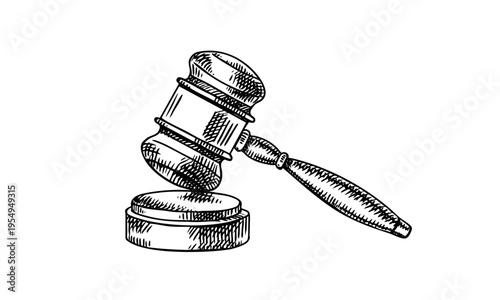 Sketch judicial law mallet. Court, justice, rights, artificial intelligence regulation, notary service, mediation center, arbitration concept. Isolated hand drawn vector illustration.