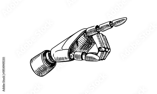 Sketch robot hand. AI ethics, legal service, cybersecurity, tech conference, research, artificial intelligence startup, IT concept. Isolated hand drawn vector illustration.