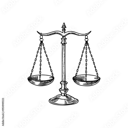 Sketch judicial scales. Court, law, justice, rights, artificial intelligence regulation, notary service, mediation center, arbitration concept. Hand drawn isolated vector illustration.