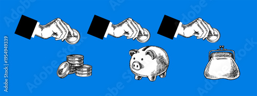 Collage set of sketch hands with coins, wallet and piggy bank. Saving budget, finance, banking, investment, insurance, credit, e-commerce, money concept. Hand drawn isolated vector illustration.