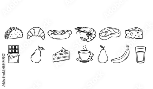 Hand drawn food icon set with snacks meals desserts and drinks thin line vector illustration