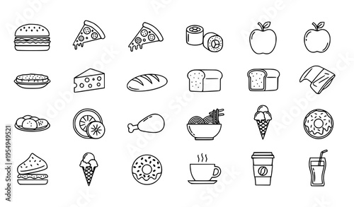 Thin line food icon set with fast food fruits desserts and drinks outline vector collection