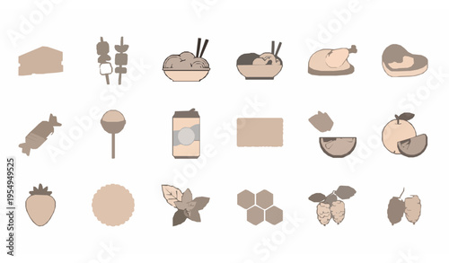 Linear food icon set in thin line style with snacks fruits candy and meal elements vector