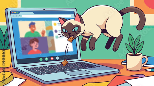 Playful cat creates a funny distraction during a serious online meeting, leaping over a laptop to catch a delicious treat