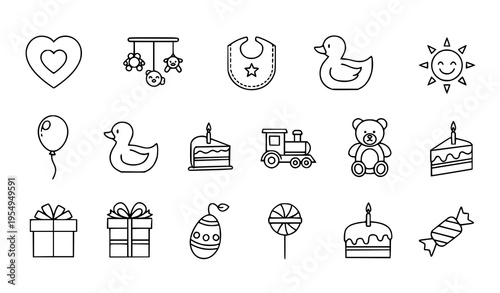 Linear baby icon set with toys birthday celebration and nursery elements thin line vector