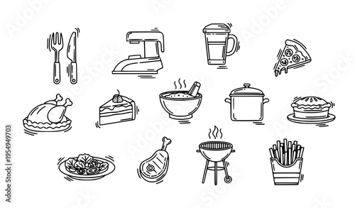 Modern outline food and kitchen icon set with cooking utensils barbecue and meal elements