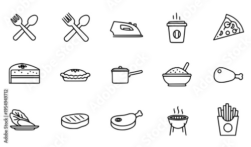 Thin line kitchen and food icon set with utensils meals barbecue and fast food vector