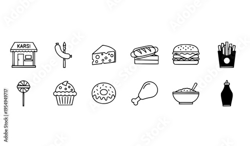 Linear fast food icon set with burger fries snacks and bakery thin line vector collection