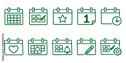 Calendar and scheduling icon set with dates, reminders, notifications, and planning symbols, vector artwork