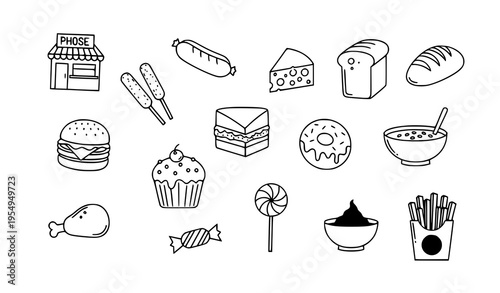 Modern outline street food icon set with snacks fast food and bakery elements vector