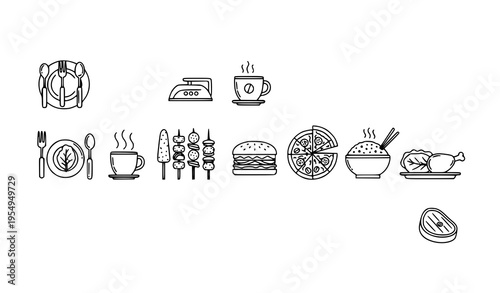 Linear food and dining icon set with utensils and grilled meals thin line vector