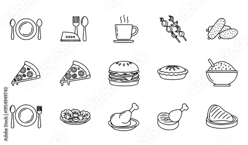 Thin line food and dining icon set with utensils meals and grilled food elements vector
