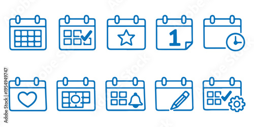 Calendar and scheduling icon set with dates, reminders, notifications, and planning symbols, vector artwork