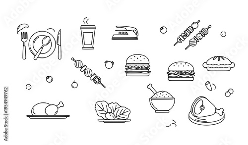 Modern outline food and dining icon set with meals grilling and restaurant elements vector