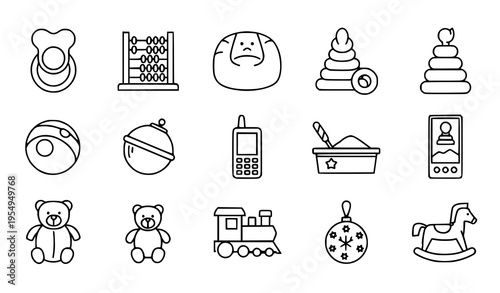 Modern outline baby toy icon set with nursery play items and children learning elements vector