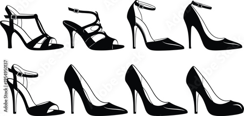 High heel shoes vector illustration set, elegant women footwear silhouettes, fashion pumps and sandals collection, stylish stiletto designs, luxury accessories, isolated black minimal elements